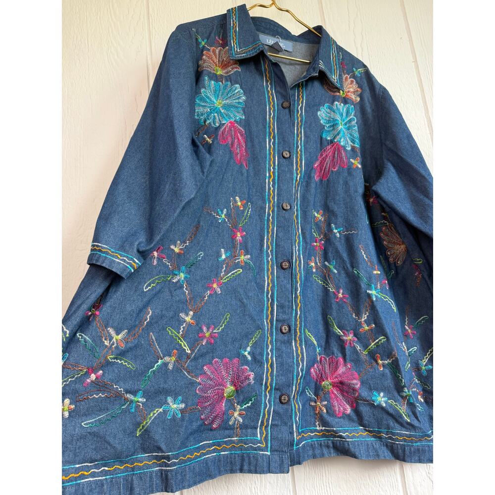 Liz & Me 3X Embroidered Denim Button Up Tunic Floral Boho Cottagecore Plus - Picture 4 of 7